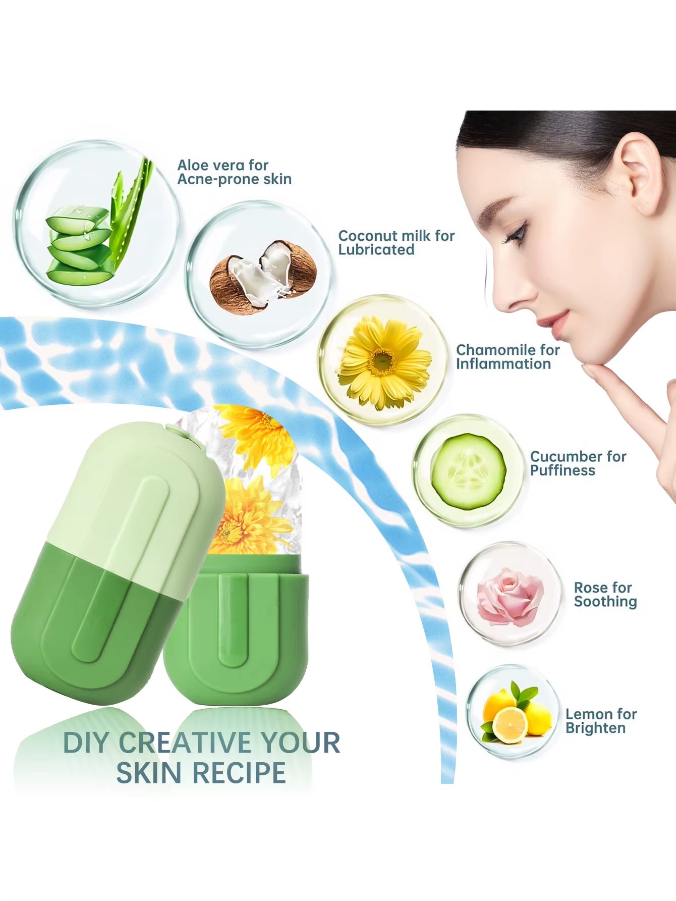Rouleau glacé pour le visage et les yeux – Massueur facial pour les soins de la peau – Moule à glace en silicone réutilisable pour une peau fraîche et tonifiée.